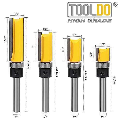 TOOLDO Pattern Flush Trim Bit 4 Pcs Router Bits,Top Bearing Flush Trim Bits Set,1/4 Inch Shank ,Cutting Length 1/2", 3/4", 1", 1-1/2" TOOLDO