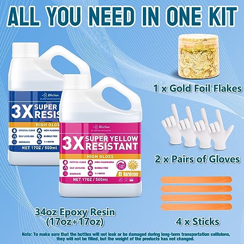 JDiction Epoxy Resin High Gloss 34OZ - 3X Yellowing Resistant Upgrade Formula, Self Leveling Resin and Hardener, Crystal Clear & Bubble Free Coating JDiction