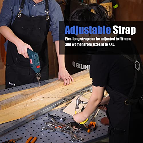QeeLink Woodworking Shop Apron with 10 Pockets FR Waxed Canvas Work Apron - Flame Retardant - Adjustable M to XXXL for Men & Women, Black QeeLink