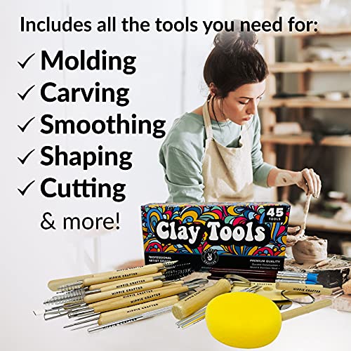 Pottery Tool Kit and Polymer Clay Tools Set for Modeling Sculpting Carving Tool Kit - 45 Pieces Ceramic Tools for Pottery Clay Sculpting Tools and HIPPIE CRAFTER