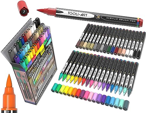 36 Flexible Brush Tip Acrylic Paint Pens Markers Set 1-7mm Line for Rock Painting, Brush Lettering, Scrapbooking, Glass, Mugs, Wood, Metal, Canvas, TOOLI-ART