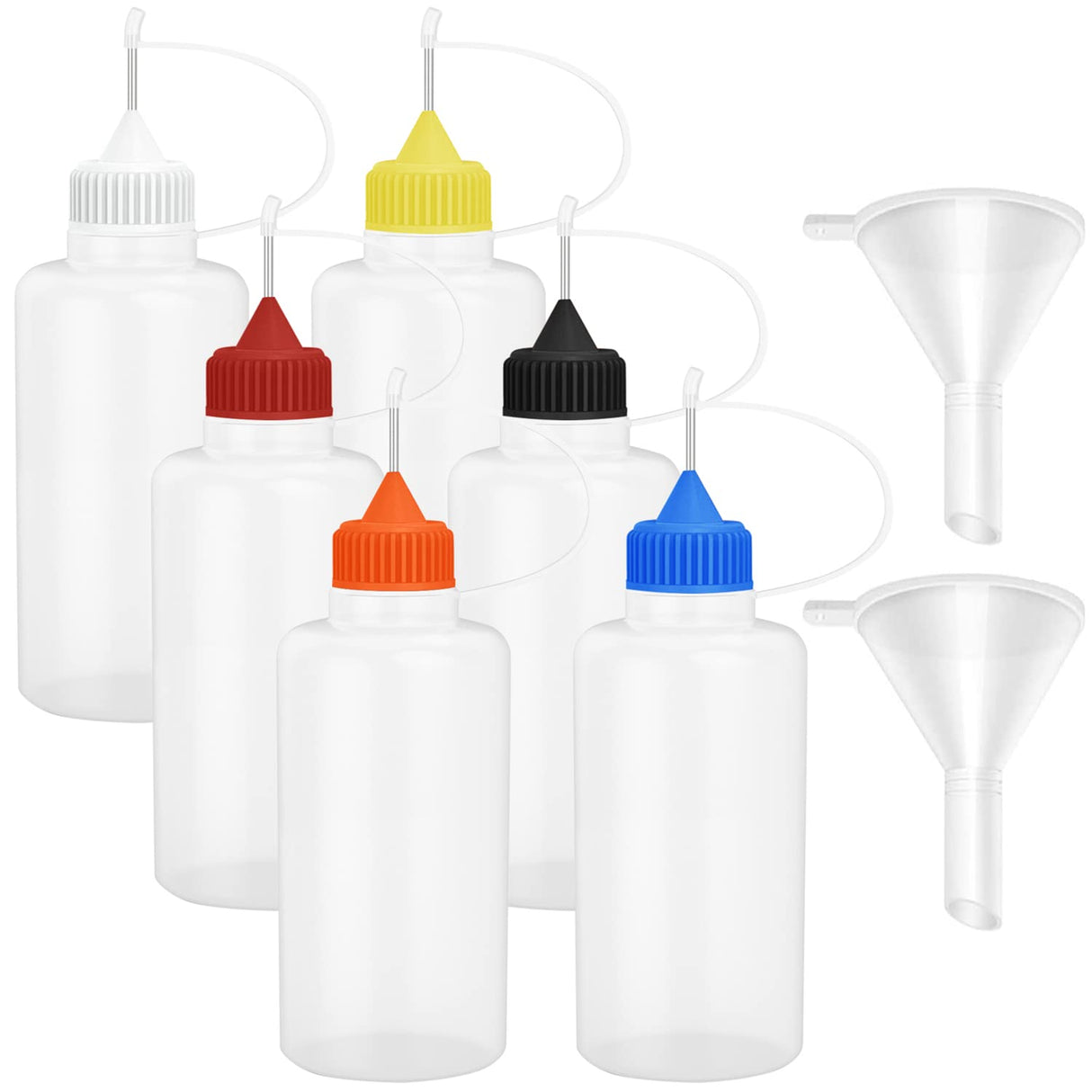 6 Pcs 4 Ounce Needle Tip Glue Bottle 120ml Plastic Dropper Bottles Multicolor Lid with 2 Pcs Mini Funnel for Small Gluing Projects, Paper Quilling Hulless