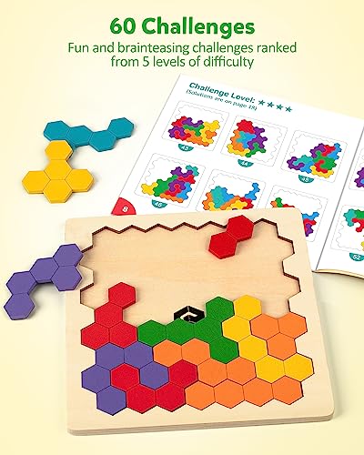 Coogam Wooden Tangram Puzzle, Color Shape Pattern Jigsaw Brain Teasers 3D Logic IQ Game Geometric Blocks Montessori STEM Educational Toys Gift for Coogam