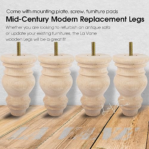La Vane 5 inch / 12cm Unfinished Wooden Furniture Legs, 4PCS Soild Wood Turned Spindle Replacement Bun Feet with Pre-Drilled M8 Inch Bolt & Mounting La Vane