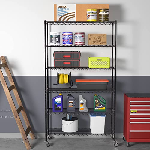 6 Tier Adjustable Metal Shelf Wire Shelving Unit Storage with Wheels 2100LBS Capacity 18" D x 48" W x 82" H for Restaurant Garage Pantry Kitchen BestOffice