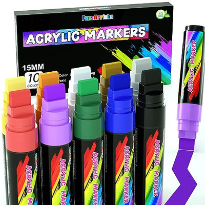 FansArriche Acrylic Paint Markers, 15mm Jumbo Felt Tip, 10 Colored Waterproof and Permanent Paint Pens for Tagging, Signs, Calligraphy, and Outdoor