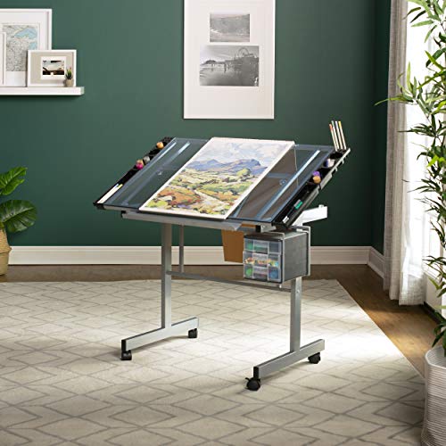 Studio Designs Vision Craft and Drawing Station - 35.5" W by 23.75" D Silver-Blue Glass Top Drafting Table with Pencil Drawers, Side Trays, & SD Studio Designs