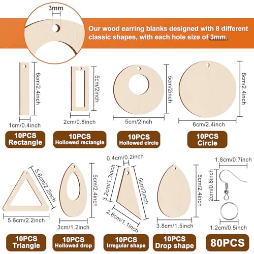 Anjmd 280 Pieces Unfinished Wooden Earrings Blanks Wooden Teardrop/Circle/Triangle/Rectangle Shapes Earrings Pendants Wood Earring Pendant Pieces Anjmd