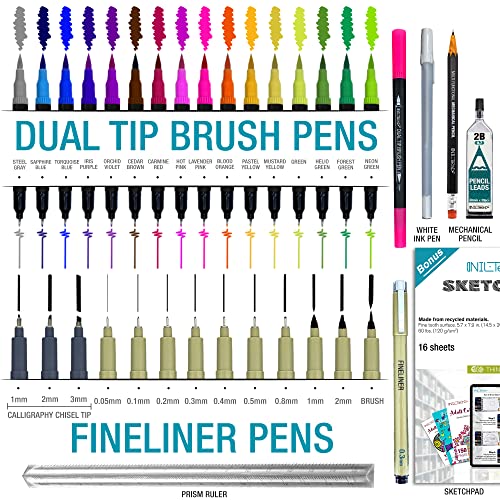 All-in-One Artist Drawing Pens Set -16 Dual Tip Brush Pens, 3 Calligraphy Pens, 10 Drawing Pens, Ruler, White Ink Pen, Mechanical Pencil, Sketch Pad NIL - TECH