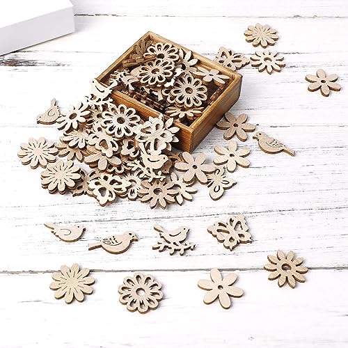 Creaides 100pcs Mini Bird Wood DIY Crafts Cutouts Wooden Bird Flower Butterfly Slices Embellishments Gift Unfinished Wood Ornaments for DIY Projects Creaides