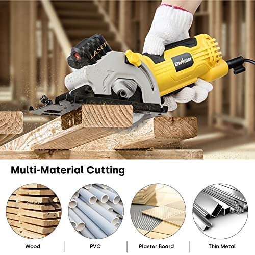 Mini Circular Saw, ENVENTOR 4.8A Electric Circular Saw Corded with Laser Guide, 4000RPM, 3 Saw Blades 3-3/8" Max Cutting Depth 1-1/16", Compact Hand Enventor