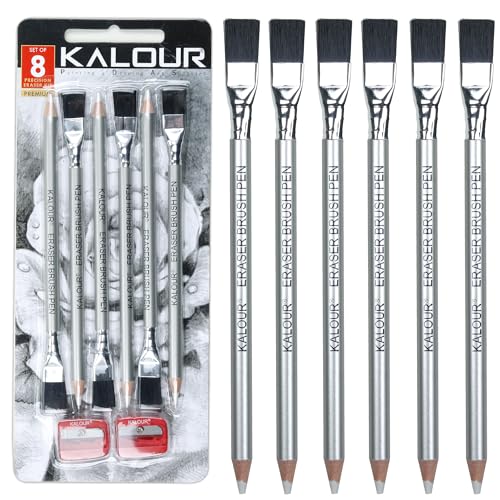 KALOUR Detail Eraser Pencil - 6pc Eraser Pencils with Brush and 2pc Sharpener,Erasing Small Details or add Highlights for Sketching, Charcoal KALOUR
