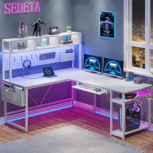 SEDETA White L Shaped Gaming Desk, Reversible Corner Desk with Power Outlet and Pegboard, L Shaped Desk with Hutch, Storage Shelf, Keyboard Tray, and SEDETA