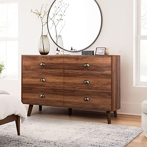 JOZZBY 6 Drawer Dresser with Metal Handle for Bedroom, Mid-Century, Modern Walnut Wood Dresser Chest of Drawers for Living Room, Hallway JOZZBY