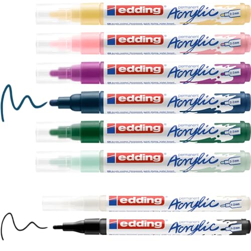 edding Start Easy Set - acrylic paint pens, waterproof; fine and medium nib, incl. postcard pad - set of 8 acrylic pens (nordic) - acrylic pens for edding
