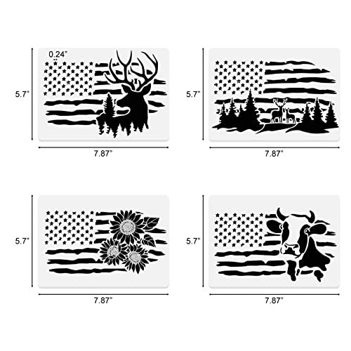 9 Pcs American Flag Stencils, We The People Stencils Deer 1776 Stencils Cow Bear Truck Sunflower Stencils for Painting on Wood Canvas Walls Fabric