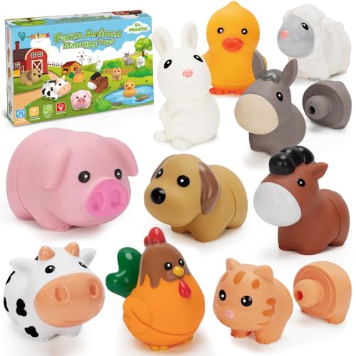 V-Opitos Learning Farm Animal Toys for Kids Age 1, 2, 3 Year Old, 10 Pack Farm Animal Matching Fine Motor Montessori Toys, Christmas, Birthday Gifts V-Opitos