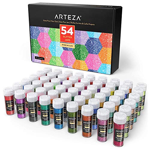Arteza Fine Glitter, Set of 54 Colors, Shaker Jars (0.34oz/9.6 g) Glow Under UV Black Light, Extra Fine, Art Supplies for DIY Crafts ARTEZA