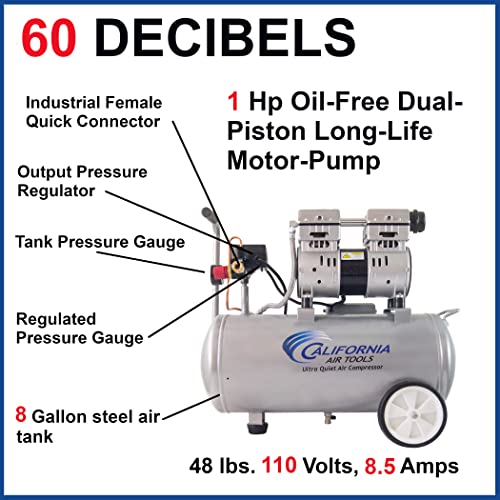 California Air Tools 8010 Steel Tank Air Compressor | Ultra Quiet, Oil-Free, 1.0 hp, 8 gal California Air Tools