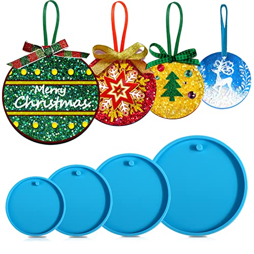 Juome Christmas Ornaments Resin Molds Silicone, 4 Pcs Round Shape Pendant Christmas Molds for Epoxy Resin, DIY Crafts Keychain Making Christmas Tree Juome