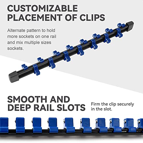 ALOANES 9 PC ABS Socket Organizer, 1/2 inch, 3/8 inch and 1/4 inch Drive Socket Rail Holders, Heavy Duty Socket Racks, Black Rails with Red, Blue and ALOANES