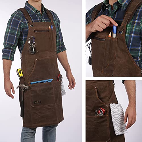 Woodworking Shop Apron - 16 oz Waxed Canvas Work Aprons | Metal Tape holder, Fully Adjustable to Comfortably Fit Men Size S to XXL | Tough Tool Apron ecoZen Lifestyle