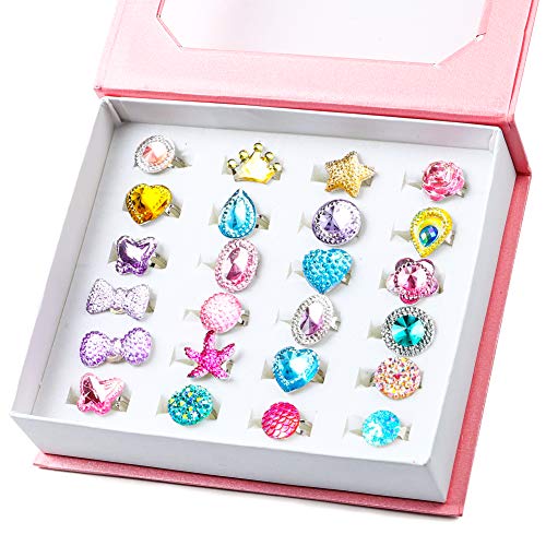 WATINC 24Pcs Adjustable Princess Pretend Jewelry Rings, Girl’s Jewelry Dress Up Play Toys, Rhinestone Gift Set in Box for Little Girls, No WATINC
