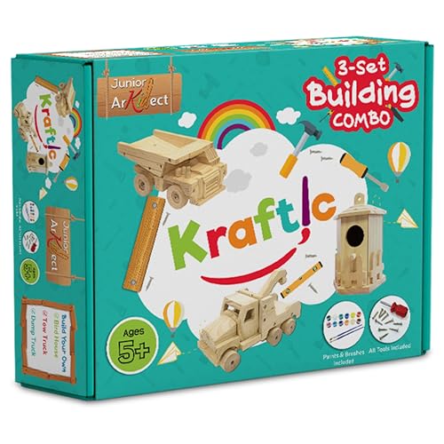 Kraftic Woodworking Building Kit for Kids and Adults, with 3 Educational DIY Carpentry Construction Wood Model Kit Toy Projects for Boys and Girls - Kraftic