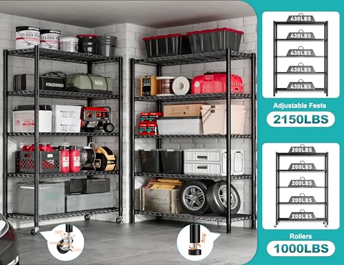 REIBII Storage Shelves with Wheels, Wire Shelving Unit with Wheels, 75.6"H Heavy Duty Shelving, Metal Shelves for Storage, Pantry Shelves for REIBII