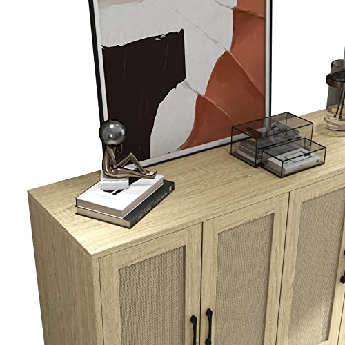 Panana Buffet Storage Cabinet with Rattan Decorating 4 Doors Living Room Kitchen Sideboard 48.43 x 34.65 x 15 inch (Natural Wood) Panana