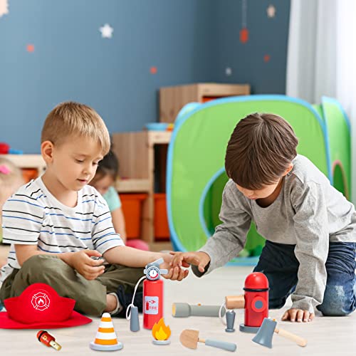 umu Firefighter Costume for Kids, 14 PCS Pretend Toy Wooden Fireman Role Play Firefighter Accessories with Fire Extinguisher and Hydrant, Fireman umu