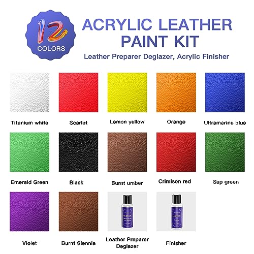 12 Colors Acrylic Leather Paint Kit for Shoes, Sneaker, Couches, Bags, Car Seat, Acrylic Leather Dye Set with Leather Preparer, Acrylic Finisher for Fuumuui