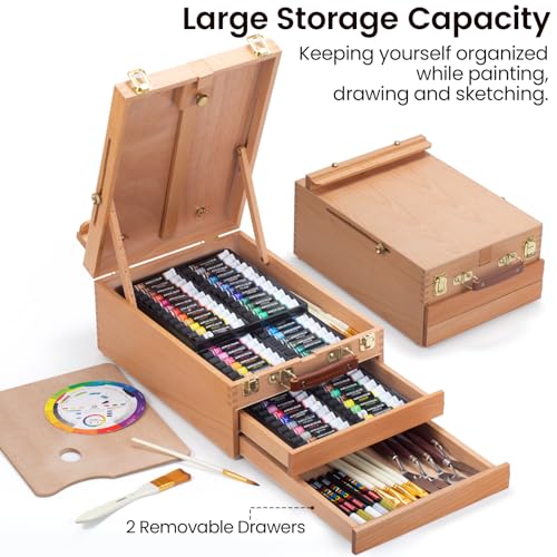 MERRIY 80-Piece Acrylic Paint Set, Artist Painting Supplies Kit with Tabletop Sketch Box Easel, 48 Colors Acrylic Paints,11"x 14"Stretched Canvas MERRIY
