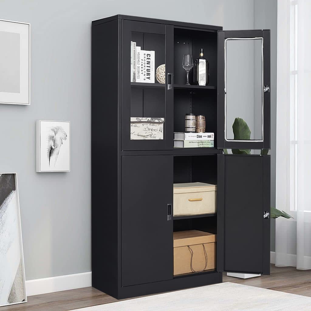 Anxxsu Black Metal Storage Cabinet with Glass Doors, 71" Locking Glass Door Cabinet with 2 Adjustable Shelves, Steel Storage Cabinet with 4 Doors for Anxxsu