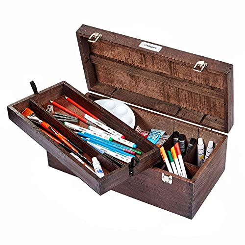 KINGART 724 Wood Portable Storage Box Organizer with Drawer And Espresso Stain, Holds Markers, Paint, Brushes, Pencils, And More KINGART