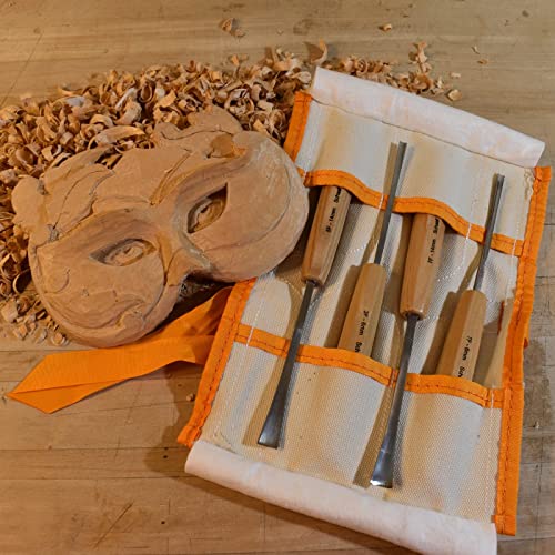 Schaaf Wood Carving Tools Set of 4 | Chisel Set with Canvas Case | Fishtail Gouges to Reach into Spaces Other Chisels Can’t | Razor Sharp CR-V 60 Schaaf Wood Carving Tools