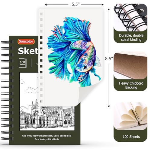 Soucolor 5.5" x 8.5" Sketch Book, 100 Sheets Spiral Bound Art Sketchbook, Acid Free (68lb/100gsm) Artist Drawing Book Paper Painting Sketching Pad (2 Soucolor