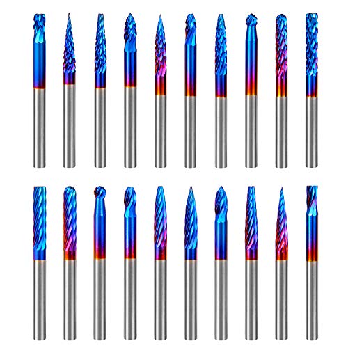 Hakkin 20 Pcs Carbide Rotary Burrs Set, End Mill CNC Router Bit, 1/8" Shank Nano Blue Coating Ball Nose End Mill, Double Cut Coat Rotary Drill for Hakkin
