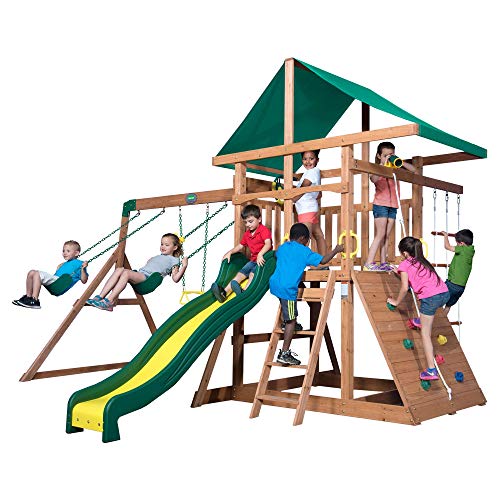 Backyard Discovery Mount McKinley All Cedar Wood Swing Set, Playground for All Kids Age 3-10, Rock Wall, Wave Slide, Fort, Double Rock Climber and Backyard Discovery