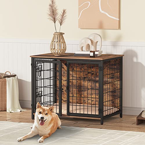 MAHANCRIS Dog Crate Furniture with Cushion, 31.5" Wooden Heavy Duty Dog Kennel with Double Doors, Indoor Dog House End Table, Dog Cage for Small MAHANCRIS