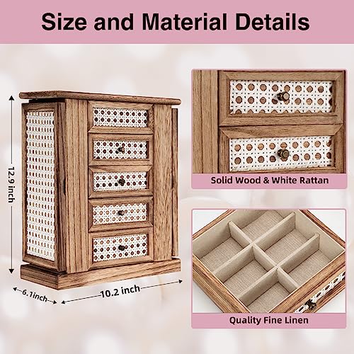 Emfogo Jewelry Box for Women, 5 Layer Large Wood Jewelry Boxes & Organizers for Necklaces Earrings Rings Bracelets, Rustic Jewelry Organizer Box with Emfogo