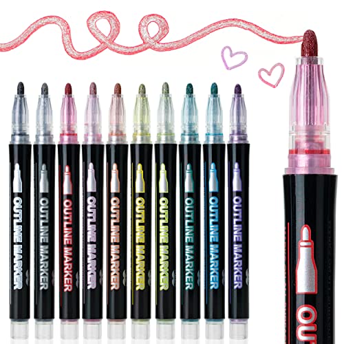 Mr. Pen- Double Line Outline Markers, 10 Colors, Shimmer Markers, Self-Outline Metallic Markers, Outline Pens, Craft Pens Mr. Pen