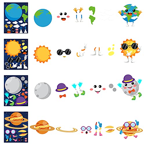 WATINC 45pcs Make Your Own Planet Stickers Games, 9 Planets Solar System Birthday Party Favor Stickers for Kids, DIY Outer Space Make a Face Sticker WATINC