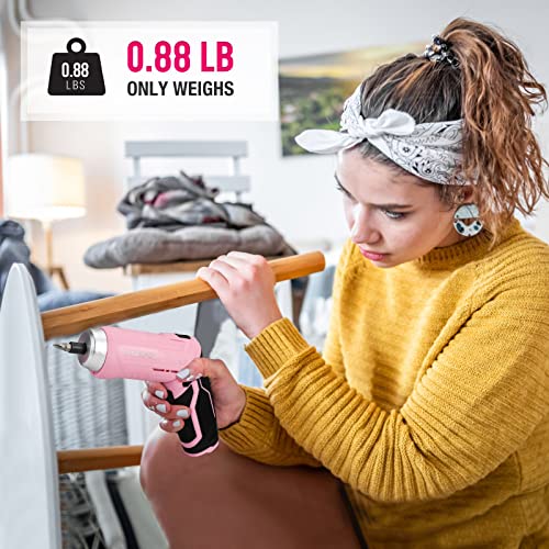 WORKPRO 75-Piece Pink Tools Set, 3.7V Rotatable Cordless Screwdriver and Household Tool Kit, Basic Tool Set with 13'' Portable Steel Tool Box for WORKPRO