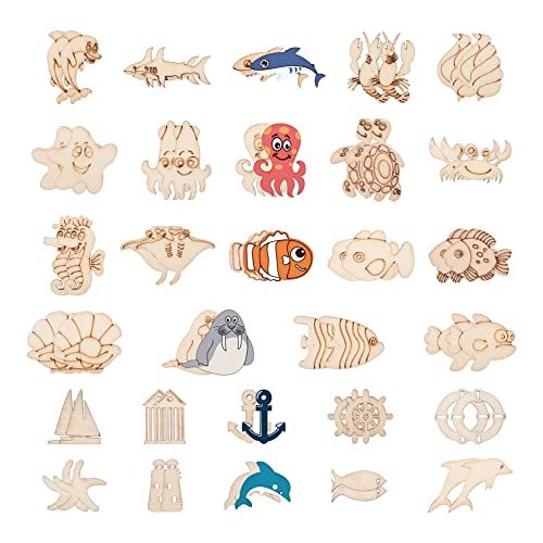 300Pcs Ocean Themed Pattern Wood Pieces Unfinished Wooden Marine Animal Cutouts Blank Wooden Paint Crafts for Kids Home Decoration DIY Craft Project EEE ELECRELIVE