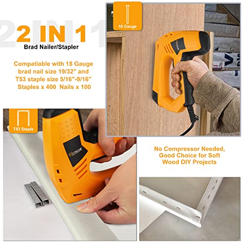 Hoteche Electric Brad Nailer/Stapler - 2-in-1 Power Staple Gun & Nail Gun for Woodworking & Upholstery - Includes 100Pcs 19/32-Inch Brad Nails & Hoteche