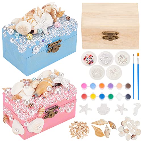 WEBEEDY 2 Sets Mermaid Jewelry Box Unfinished Wood Treasure Chest Mine Jewelry Box DIY Craft Kits with Hinged Lid and Front Clasp Nautical Trinket WEBEEDY