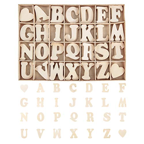 PandaHall 112pcs 1.5 Inch Wooden Letters A~Z Heart Set- Small Wooden Capital Letters with Storage Tray - Wooden Alphabet Craft Letters Smooth Natural PH PandaHall