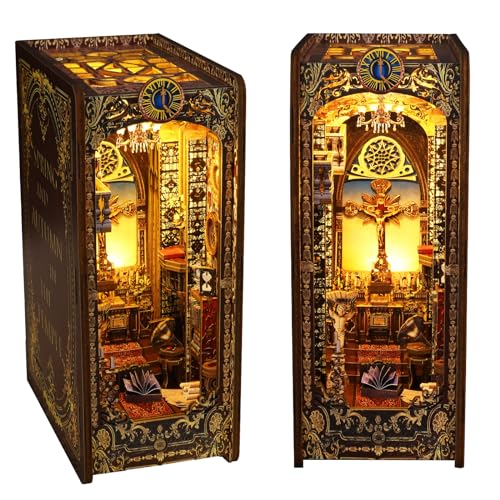 DIY Book Nook Kit with Sensor Light Music Box, 3D Wooden Puzzle for Adults, Covenant Church Bookshelf Insert, Self-Assembly Bookend Building Set Hallisun