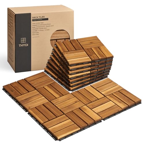 THYOI 10 Pcs Acacia Wood Deck Tiles 12" x 12", Deck Tiles Interlocking Outdoor All Weather, Patio Flooring Waterproof, Wood Patio Tiles for Indoor THYOI